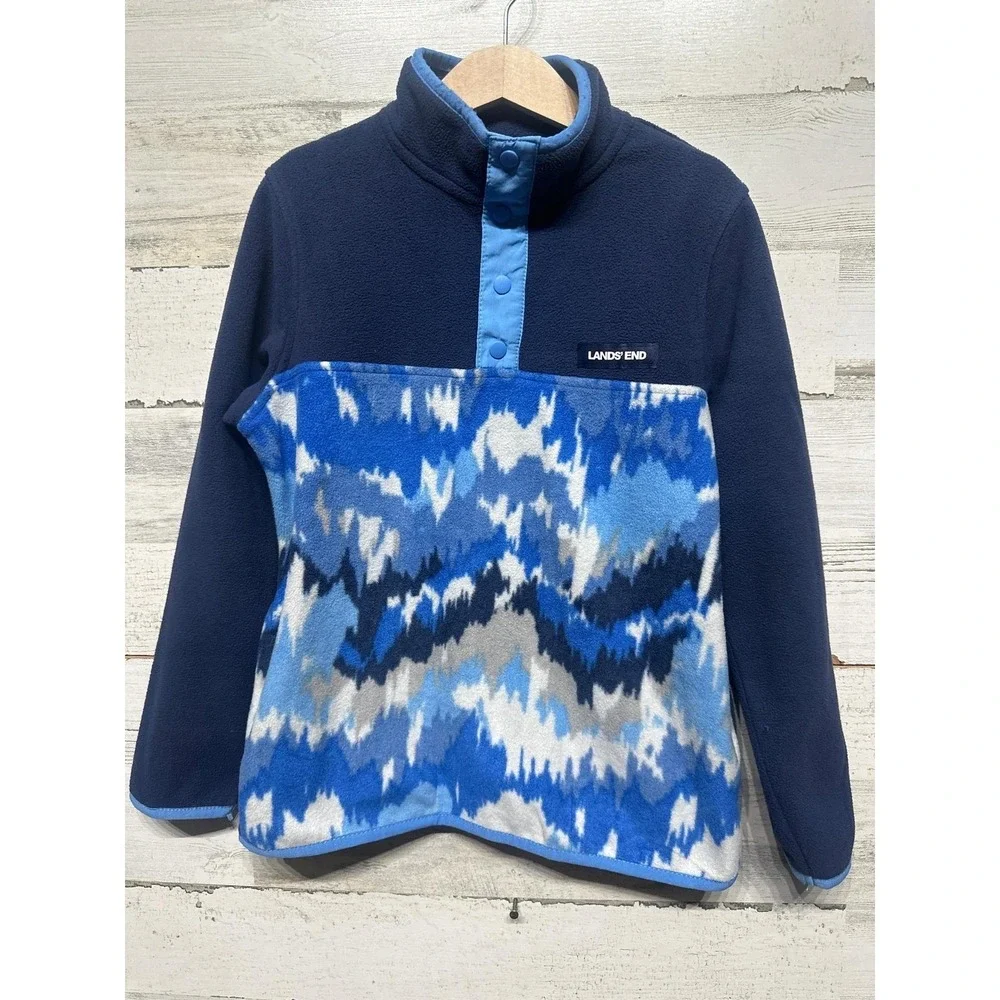 Lands End Fleece Pullover Boys 8 Navy Blue Snap Neck Geometric‎ EUC